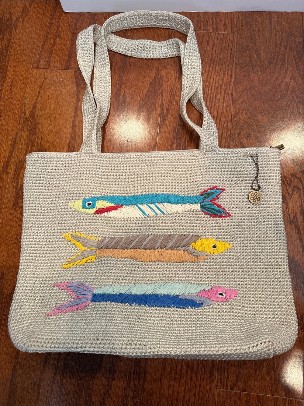 Cream Crochet Tote with Colorful Embroidered Fish  the Sal